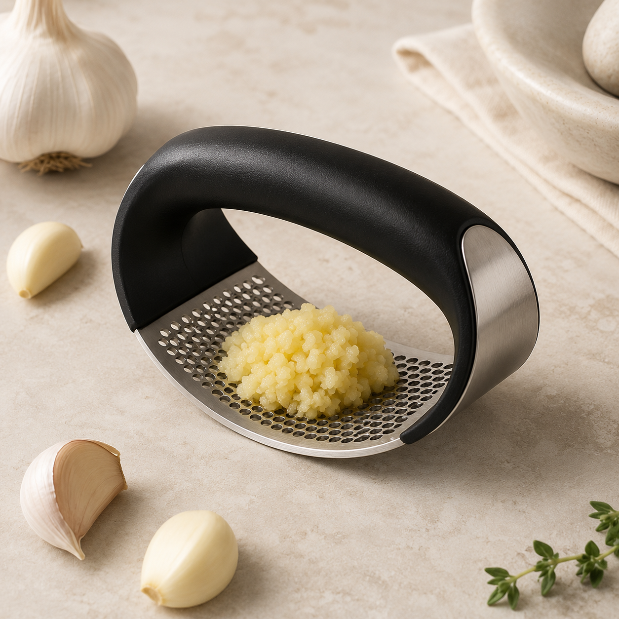 Stainless Steel Garlic Press – Ergonomic Garlic Mincer & Crusher