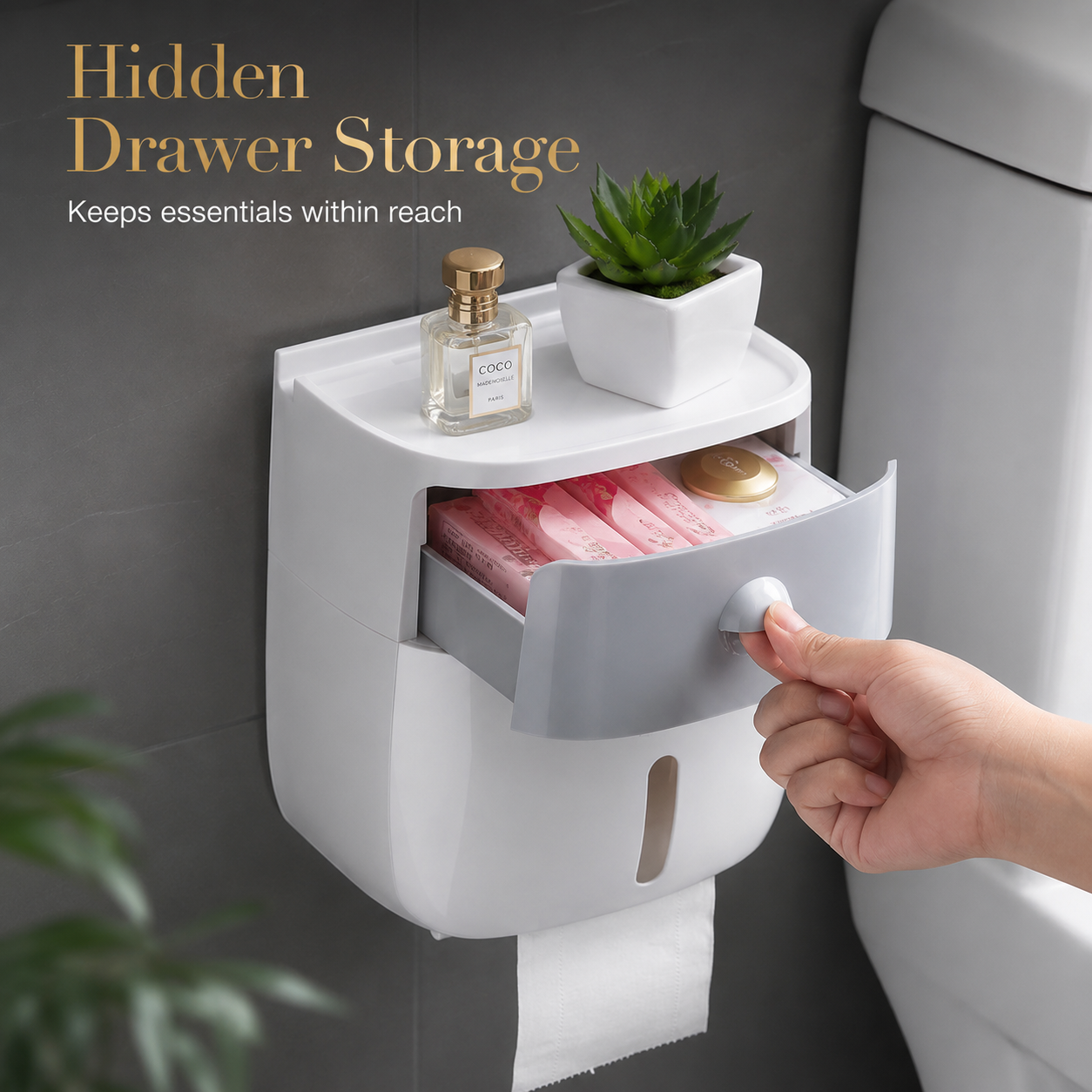 Wall-Mount Waterproof Toilet Paper Holder with Storage Drawer