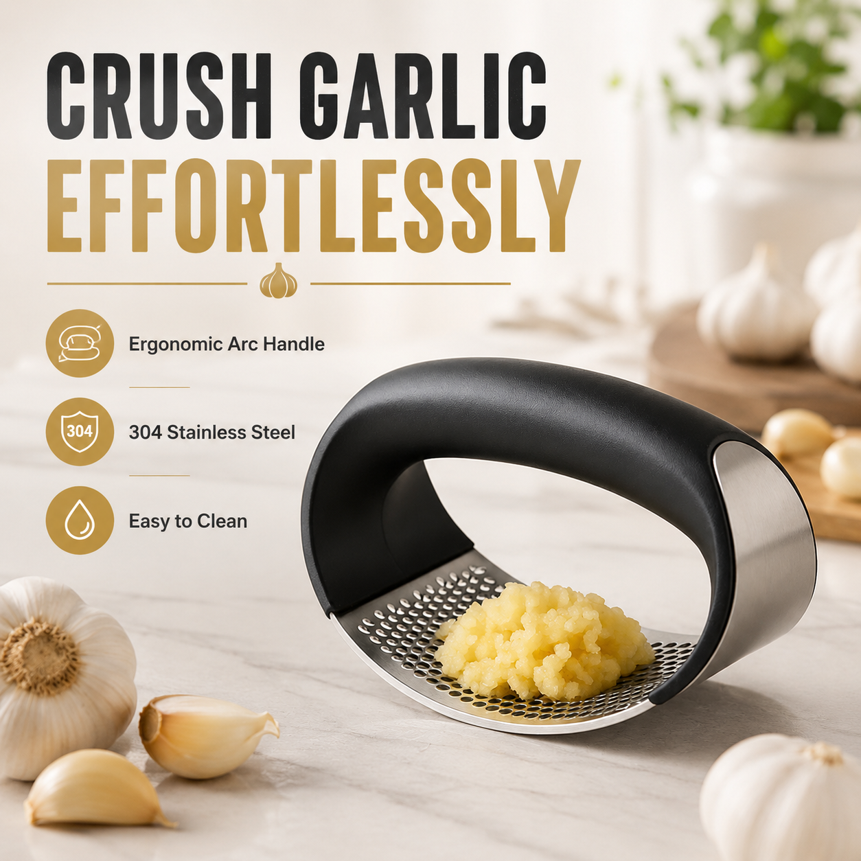 Stainless Steel Garlic Press – Ergonomic Garlic Mincer & Crusher