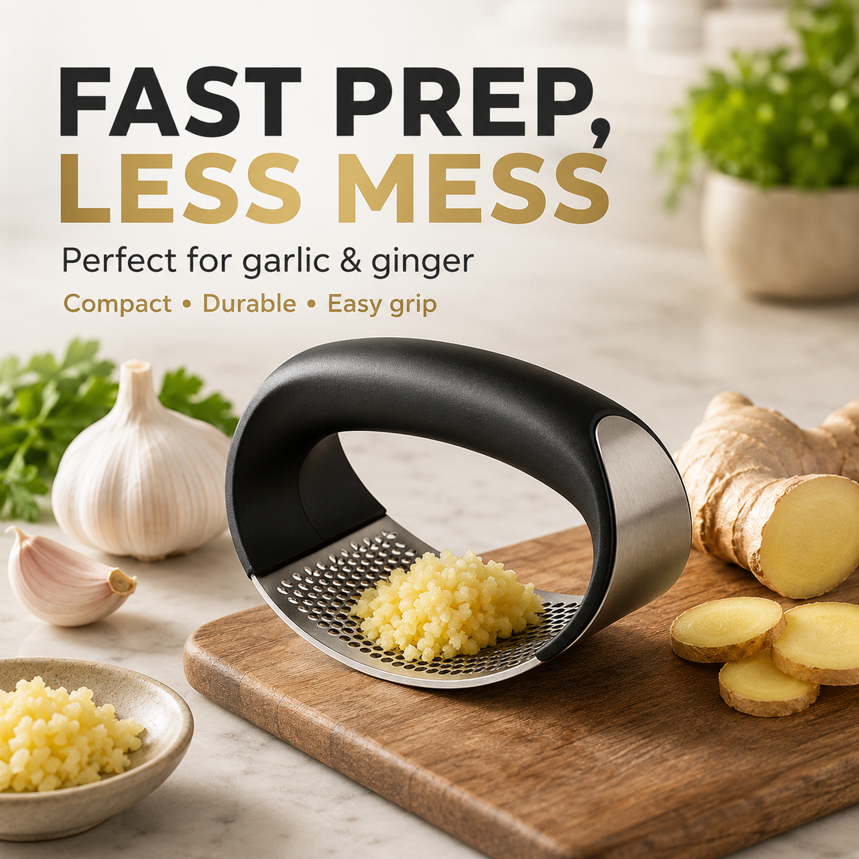 Stainless Steel Garlic Press – Ergonomic Garlic Mincer & Crusher