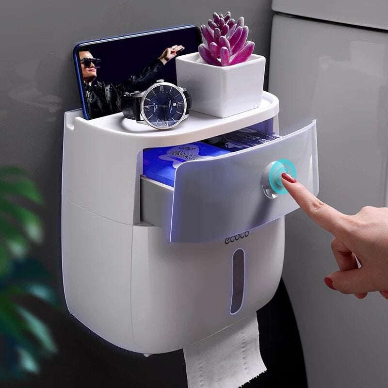 Wall-Mount Waterproof Toilet Paper Holder with Storage Drawer
