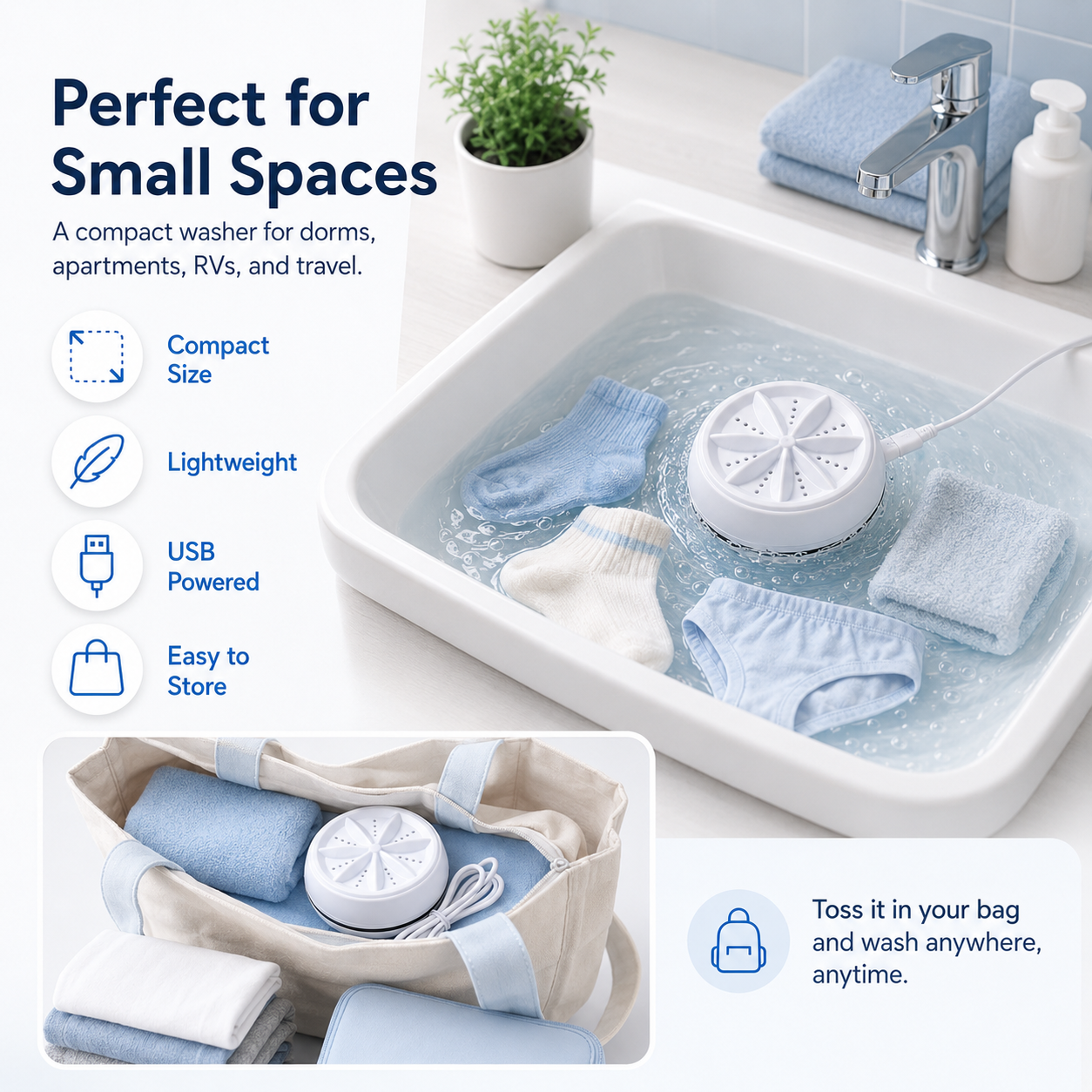2-in-1 Portable Mini Washing Machine – Ultrasonic Turbo Washer