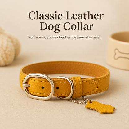 Classic Genuine Leather Dog Collar – Personalized Pet Collar with ID Tag