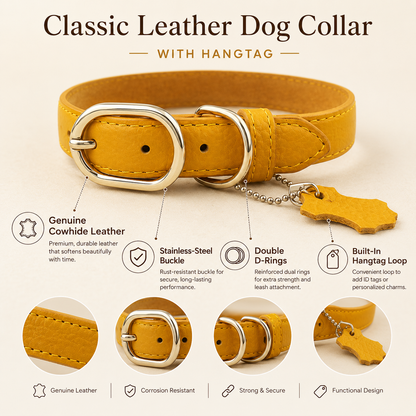 Classic Genuine Leather Dog Collar – Personalized Pet Collar with ID Tag