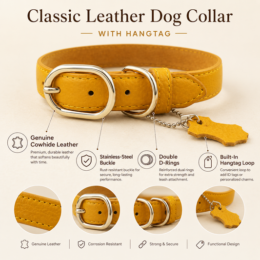 Classic Genuine Leather Dog Collar – Personalized Pet Collar with ID Tag