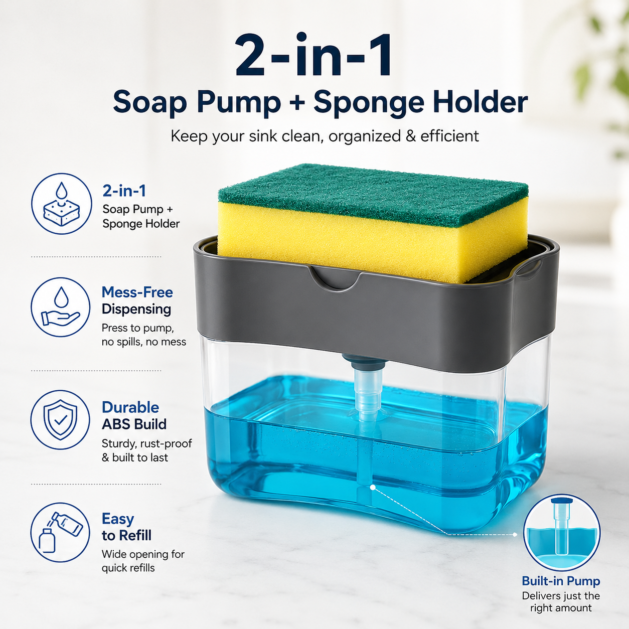 2-in-1 Sink Sponge & Soap Dispenser Rack – Kitchen Sink Organizer