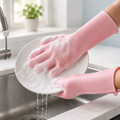 Magic Silicone Dishwashing Gloves – Reusable Scrubber Cleaning Gloves